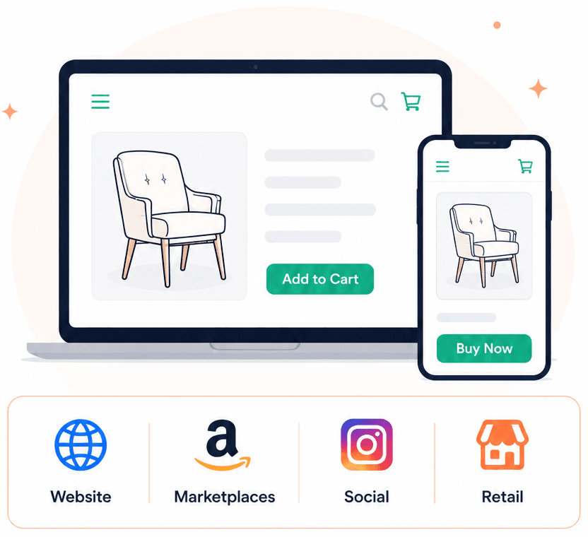 Storefronts illustration — website and marketplace channels