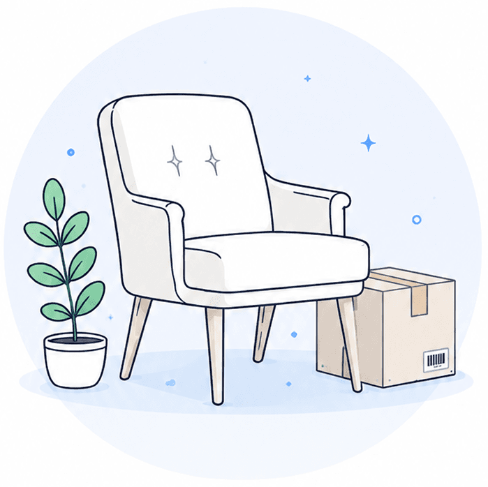 Product illustration — chair with plant and box